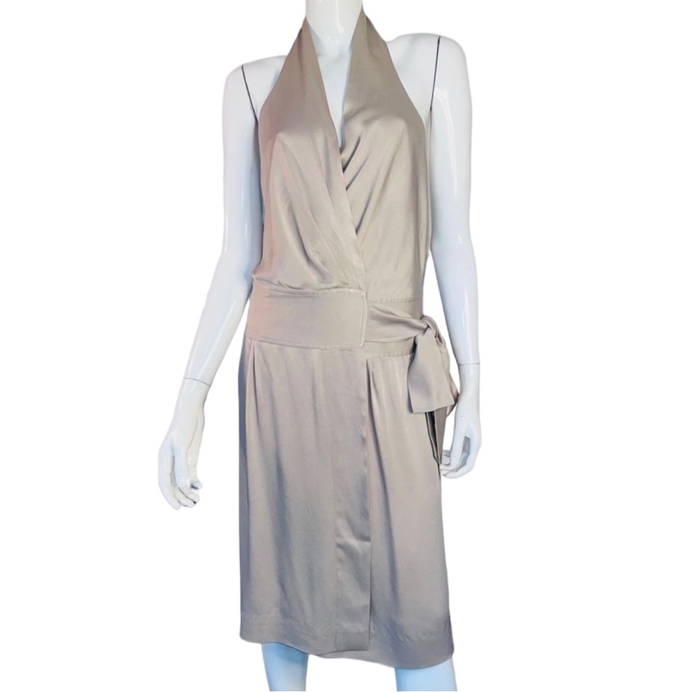 Lita Mortari Beige Halter Wrap Flapper Style Midi Dress